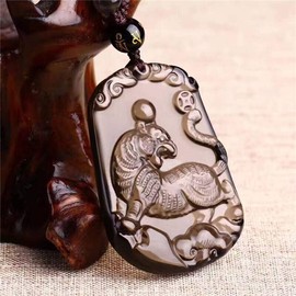 Collares para mujer, collares para hombre, collar de zodiaco natural puro, hecho de hielo, tipo de piedra de obsidiana, horóscopo, signo de animal, amuleto tigre, entusiasta), No es una piedra