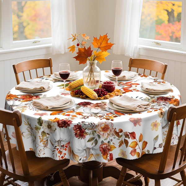 Eikione Thanksgiving Tablecloth, Round Fall Tablecloth 60 Inch, Pumpkin Table