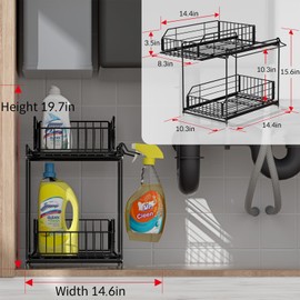 SUEH DESIGN Under Sink Organizer, 2 Tier Bathroom Cabinet Organizer Metal Kitchen Sink Organzier with Hanging Rail for Kitchen Bathroom Organization and Storage, 1 Pack
