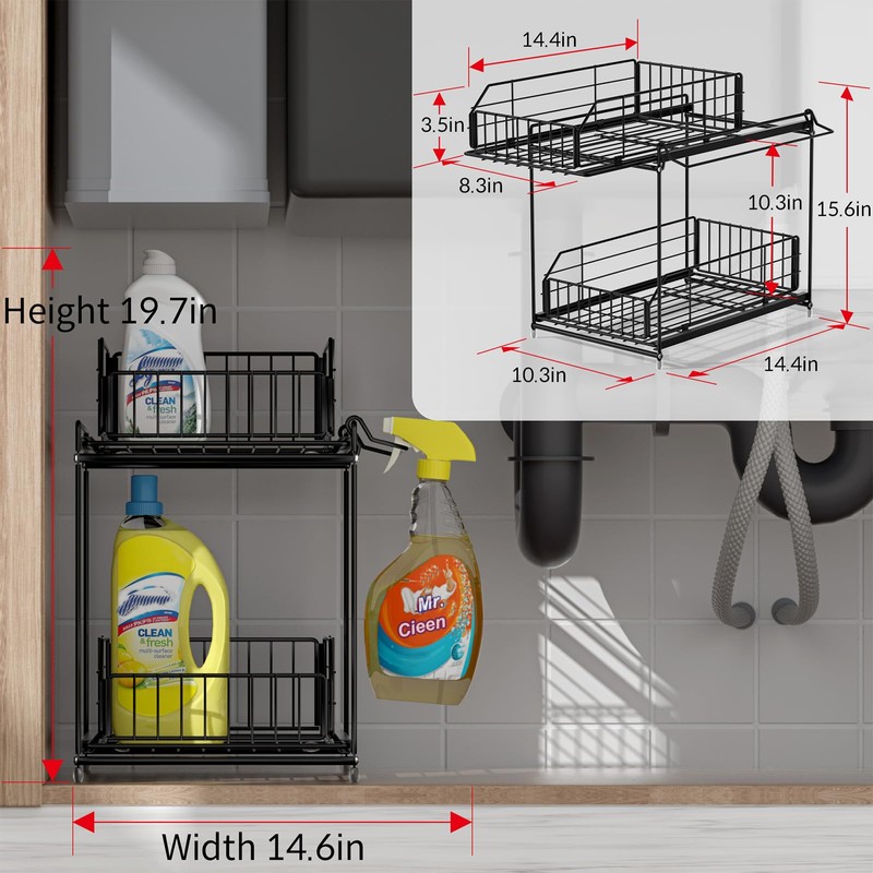 SUEH DESIGN Under Sink Organizer, 2 Tier Bathroom Cabinet Organizer