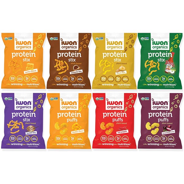 IWON Organics, Variety Pack of 8 Tasty Snacks, Protein Puffs and Snack Stix, High Protein and Organic Healthy Snacks, 8 Flavors, 8 Bags, 1.5 Ounce