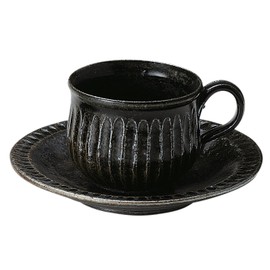 丸伊製陶 信楽焼 へちもん コーヒーカップ ソーサー セット 約260ml 黒釉彫 MR-3-3291