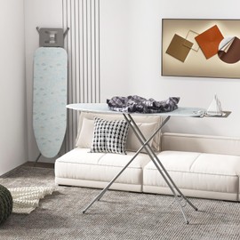 COSTWAY Ironing Board Full Size, Foldable Iron Table w/Rest, Height Adjustable, Removable Cover, Heavy-Duty Metal, Compact and Space Saver Iron Board for Living Room, Laundry (Turquoise Leaves)