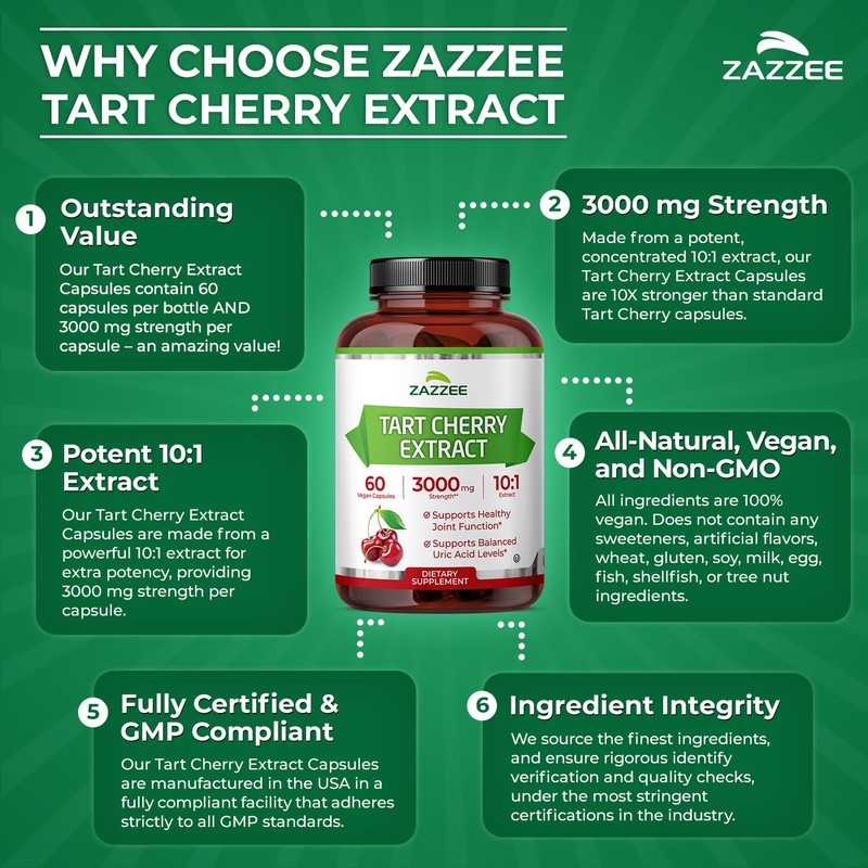 Zazzee Tart Cherry 10:1 Extract, 60 Vegan Capsules, 2 Month