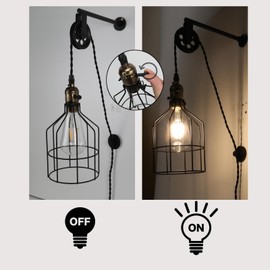 Alpinaluz Industrial Vintage Style Pendant Light with Cable, Plug and Switch, with Cage and Pulley, Height Adjustable, E27 Metal, Black