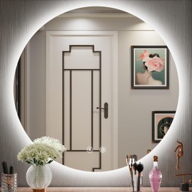 JSneijder 32 Inch Round LED Mirror,Backlit Round Mirror,Round Mirror with Light,LED Bathroom Mirror,Adjustable Brightness,Built-in Defoggers,Touch