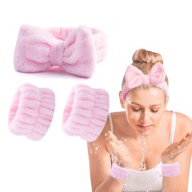 OWITER Skincare Headband and Wristbands Make Up Headband Wrist Bands for Face Washing Spa Headband and Wristband Set Face Wash (Pink, 1)