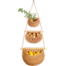 wymulot 3 Tier Hanging Fruit Basket, Jute Wall Baskets, Hanging Produce Baskets for Storage Fruits and Vegetables, Hanging Basket Wall for Kitchen, Bedroom, Bathroom (Brown)