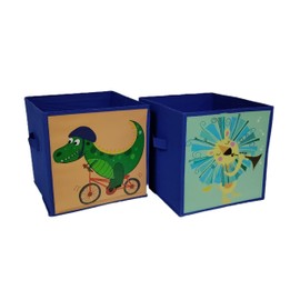 RSW Set Of 2 Kids Blue Toy Storage Cube Boxes 2 Fabric Storage Unit Boxes 26cm x 26cm x 26cm Dinosaur & Lion Design