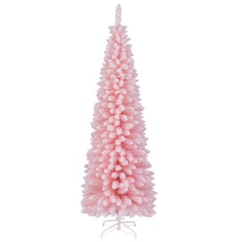 DORTALA 6 FT Pencil Christmas Tree Pink, Unlit Artificial Slim Xmas Full Tree with 460 Branch Tips, Folding Metal Stand, Flocked Skinny Decor Tree for Home Office Party