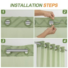 PANGSINNE No Hooks Required Boho Tufted Chevron Striped Farmhouse Shower Curtain with Snap in Liner - 72W x 80H, Water Repellent Hotel Grade Spa Like Bath Curtain, Sage Green