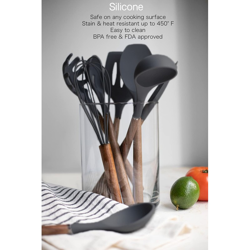 Country Kitchen Non Stick Silicone Utensil Set with Rounded Wood