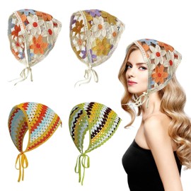 JIEYUMAO 4 Pcs Crochet Hair Bandana, 4 Styles Crochet Bandanas Headbands for Women, Fashion Knitted Headscarf Boho Head Kerchief Knitted Hair Scarf Floral Hairs Bandanas for Wedding Party