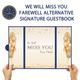 DARUNAXY Blue Gold Farewell Party Decorations, We Will Miss You Very Much Alternative Signature Guest Book for Men Women Going Away Gifts Signing Card Board for Retirement Graduation Party Supplies