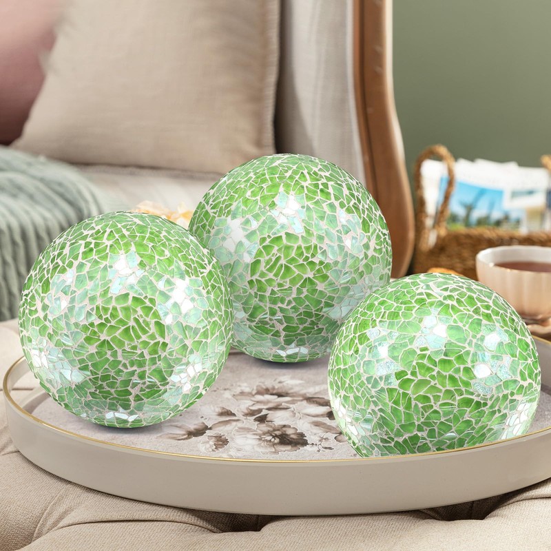 ginojex Decorative Balls 3Pcs Set Mosaic Glass Sphere 8.5cm/3.35inch Table