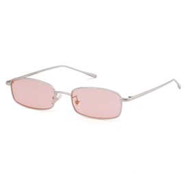 ADE WU Retro Narrow Rectangle Sunglasses for Women Men, Vintage 90s Small Metal Square Glasses Colored Tint Lens (Silver/Pink)