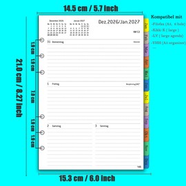 2026 Weekly Planner Insert A5 6 Holes in German, 1 Week 2 Pages with Monthly Overview Password Notes Contact, from Jan.26 to Dec. 26, 100 GSM, Refill Paper for Calendar 2026 Planner Organiser