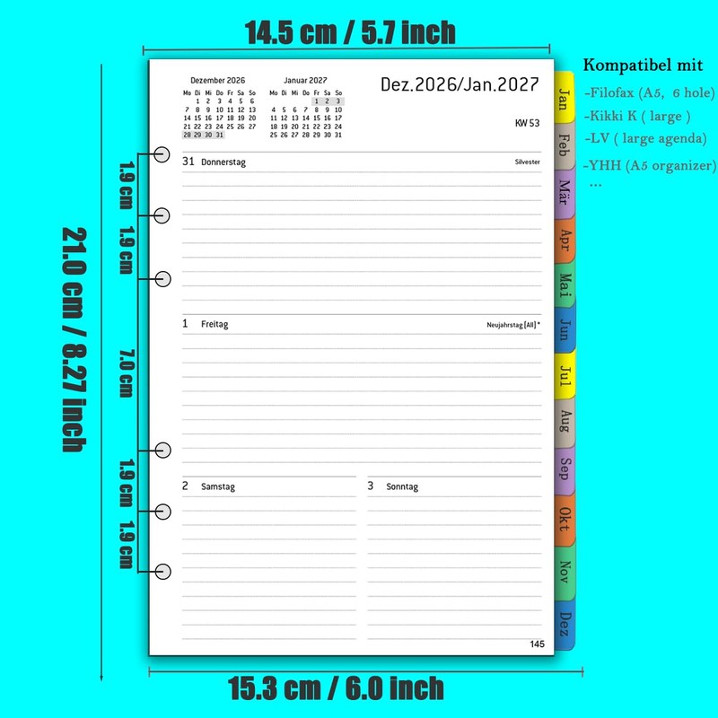 2026 Weekly Planner Insert A5 6 Holes in German, 1