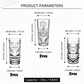 Binsakao Tiki Glasses Set of 6 - 14 Oz Highball Glasses for Cocktails - Modern Clear Tropical Cups Tumbler Set - Mixed Drinking Glass for Hawaiian Bar Island Party Beverages Iced Tea