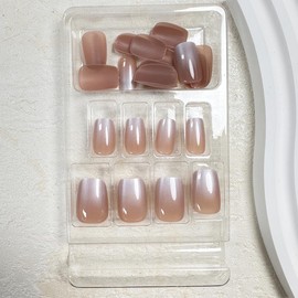 Ombre Press on Nails Short Square Fake Nails Chrome False Nails Gradient White Pink Glossy Glue on Nails Full Cover Acrylic Nails Short Coffin Nails Reusable Artificial Nails for Women Manicure 24Pcs