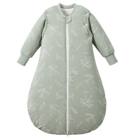 LULUMONKEY 3.5 TOG Winter Baby Sleeping Bag with Removable Long Sleeves, 100% Cotton Newborn Sleep Sack for 0-6 Months Toddler Infant, Green Leaves