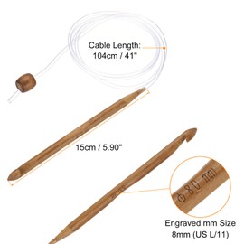 HARFINGTON Bamboo Tunisian Circular Crochet Hook 8mm (US L/11) Afghan Wood Knitting Hook Needles with Cable and Bead End for Weave Crocheting Craft Yarn, Brown