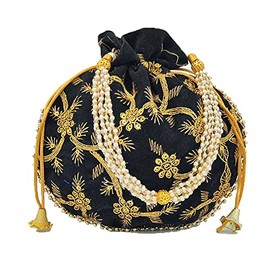 Pack of 1 Handmade Women's Velvet Embroidered Potli Purse Bag Pouch Drawstring Bag Indian Potli Handbag, Black