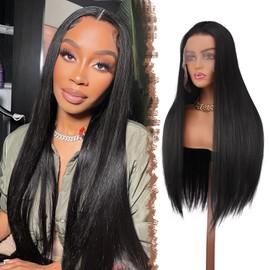 FESHFEN 13x4 Lace Front Wig - 30 inch Long Straight Black Wigs Glueless Hair Wig for Black Women Synthetic Heat Resistant Pre Plucked Wig for Daily Party