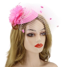 Biruil Fascinators Hat Women Tea Party Beaded Veiling Derby Wedding Church Cocktail Headband (A Pink)