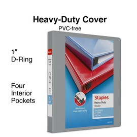 Staples Heavy Duty 1-inch 3-Ring View Binder with D-Rings and Four Interior Pockets, Gray, 3/Pack (ST56328-CCVS)