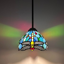 enjoy decor lamps Tiffany Mini Hanging Lights Blue Stained Glass Dragonfly LED Bulb Included for Kitchen Island Counter Dining Room 8”W*8”D*60”H