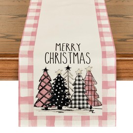 Artoid Mode Watercolor Pink Buffalo Plaid Christmas Trees Merry Xmas Table Runner, Seasonal Winter Holiday Kitchen Dining Table Decoration for Indoor Outdoor Home Party Decor 13 x 36 Inch