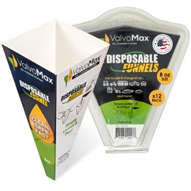 ValvoMax Disposable Funnels, 12-Pack (8oz) – Glossy Cardstock Paper Funnels for Oil Changes, Automotive Fluids, Coolant, and Household Liquids