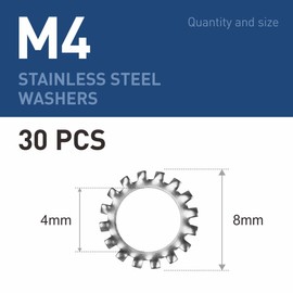 BOUMVID Pack of 30 M4 Tooth Washers Locking Washers, Serrated External Toothing Washers, Stainless Steel 304 Tooth Washers Clamping Discs Size Assortment Spring Washers for Screw Attachment