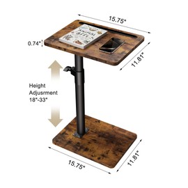 YUHFERA Sofa Armrest Tray Table for Couch - 360° Swivel Height Adjustable End for Small Spaces, Snack Side Table for Bed or Chair with Phone & Tablet Slot (Rustic,Standard)