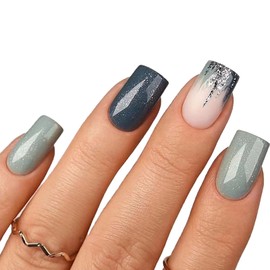 Press on Nails Medium Square SWEKKE Summer Fake Nails Blue Full Cover Glue on Nails Dark Blue False Nails with Nail Glue Glossy Stick on Nails Artificial Acrylic Nails for Women Girls 24 Pcs