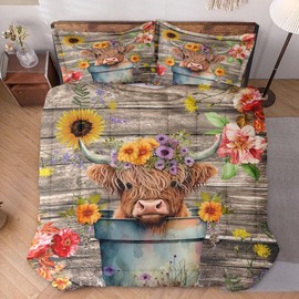 WeCozy Queen Size Comforter Set with 2 Pillowcases, Happy Cute Cartoon Soft 3 Pcs Bedding for Kids and Adults, Highland Cow Flower Comforter Set for Bedroom Bed Decor