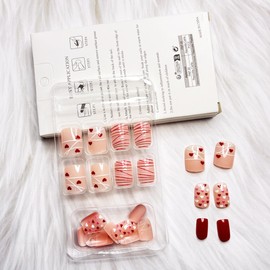 24Pcs Valentines Nails Press on Nails Short Square Fake Nails with Glue Red White Stripe Heart Stick on Nails Romantic Valentines Day False Nails for Women Girls DIY Valentines Nail Decoration