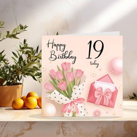 19th Birthday Card for Women - Ladies Pink floral Birthday Cards for 19 year old woman nineteen, nineteenth Mum Nan Aunt Daughter Friend Niece Sister Wife Girlfriend Girls for her
