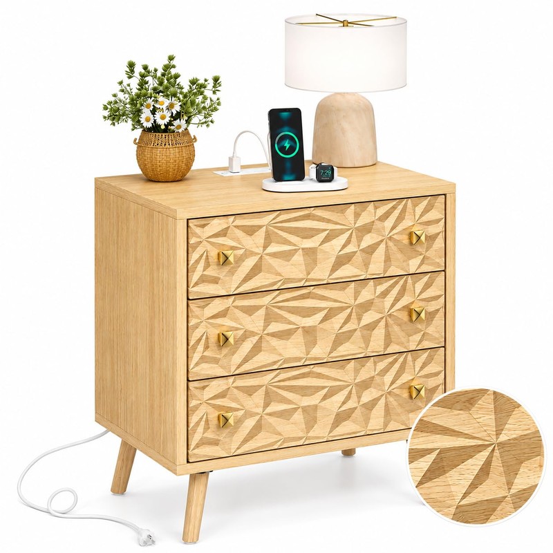 YOSHOOT Mid Century Modern Nightstand with 3 Drawers, 23.6" Wide