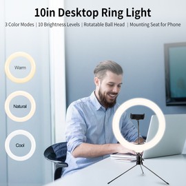 10in USB Desktop Ring Light with 3 Color Modes/10 Brightness Levels/Flexible Power Supply/360° Rotatable Ball Head/Phone Stand/Tripod