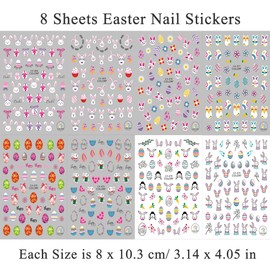 8 Sheets Easter Nail Stickers Cute Bunny Nail Art Decals 3D Self-Adhesive Easter Eggs Rabbit Carrots Nail Designs Bunny Ears Nail Stickers for Women Kids DIY Nail Decoration Nail Supplies Accessories
