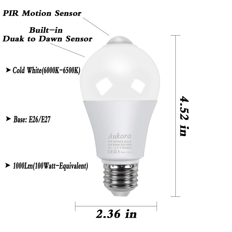 Aukora Motion Sensor Light Bulbs 4-Pack, 12W (100-Watt Equivalent) E26