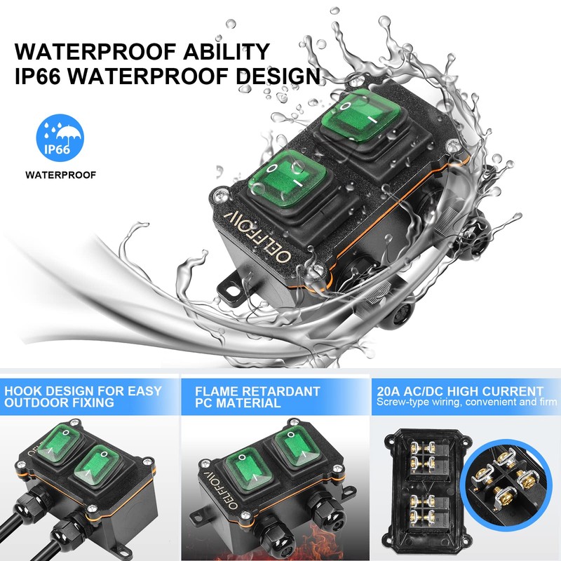 OELFFOW Waterproof On Off Toggle Switch Double Switch/Outlet with Green