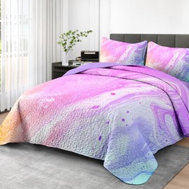 Pamnest Quilt Set Full/Queen Size, Tie Dye Colorful Marble 3 Pcs Soft Bed Cover Bedding Set for Kids and Adults, Girly Blue Purple Pink Lightweight Bedspread Coverlet with Pillow Sham for All Season
