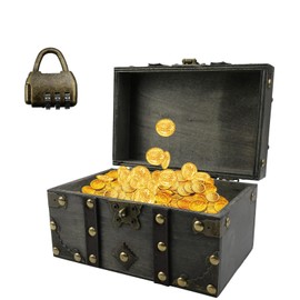 MytaYt Vintage Wooden Treasure Chest Children's Wooden Treasure Chest Small Pirate Treasure Chest with Combination Lock Suitable for Decorating and Storing, 18 x 11 x 10 cm
