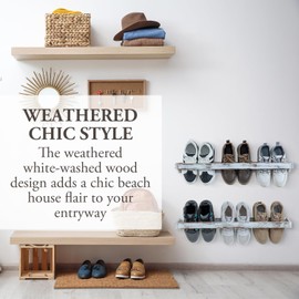 MyGift 30 Inch Shabby White Washed Solid Wood Wall Mounted Shoe Hanger Storage Rack, Hanging Shoes Organizer Shelf for Closet Mudroom Entryway, Set of 2 Holds 6 Pairs