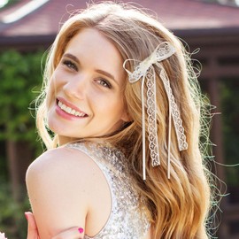 CustomyLife 2Pcs Beige Lace Hair Bow Clips Cute Coquette Snap Barrettes Bowknot Hair Ribbon for Women Valentines Wedding Prom Decorative Accessories