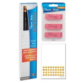 Paper Mate Kit Pink Pearl Erasers (70502), Mirado Black Warrior Pencils HB #2, Bundle with Emoji Notepad, Supplies for Office, Home and School Use