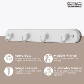 Keypak 4-Hook Wall-Mounted Key Tidy, Key Holder Organiser for Entryway Hallway Living Room, White Hooks on White Board
